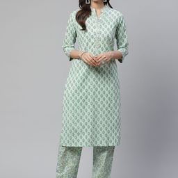 Divena Women Sea Green & White Printed Pure Cotton Kurta with Trousers-48