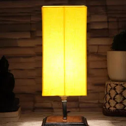 Devansh Yellow & Brown Cotton Table Lamp With Wood Base-7