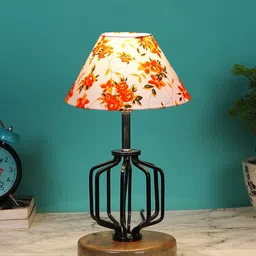 Devansh White & Orange Printed Frustum Shaped Table Lamp-53