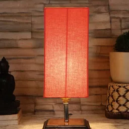 Devansh Orange Coloured & Brown Cotton Table Lamp With Square Wood Base-24