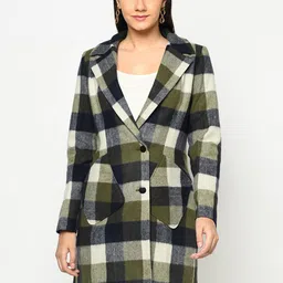 Owncraft Women Olive Green & Navy Blue Checked Woolen Overcoat-25