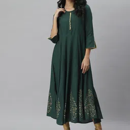 Stylum Women Green Ethnic Motif Block Printed A-Line Kurta-picture-13