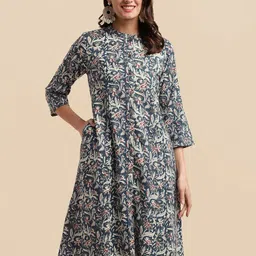 MIRCHI FASHION Navy Blue Floral Printed Thread Work Band Collar A-Line Cotton Kurta-picture-33