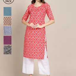 1 Stop Fashion Women Set Of 6 Peach-Coloured & Blue Floral Printed Crepe Kurta-image-97