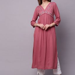 INDYES Ethnic Motifs Yoke Design Sleeves Mirror Work Straight Kurta-image-46