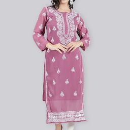 Seva Chikan Ethnic Motifs Embroidered Chikankari Straight Georgette Kurta With Slip-image-100