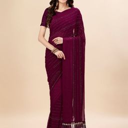 Mitera Purple & Black Striped Stone Work Pure Chiffon Saree-image-76