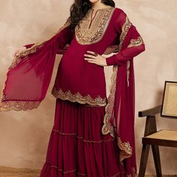 Inddus Marron & Gold Toned Yoke Design Embroidered Straight Kurta With Sharara & Dupatta-image-26