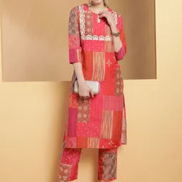 Be Indi Women Ethnic Motifs Printed Round Neck Straight Kurta Set with Trouser-16