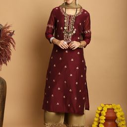 Tulsattva Floral Embroidered Thread Work Kurta With Palazzos & Dupatta-image-72