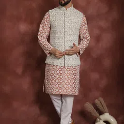 Anouk Floral Embroidered Thread Work Straight Kurta With Pyjama & Nehru Jacket-84