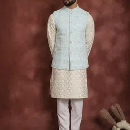 Anouk Floral Embroidered Mandarin Collar Thread Work Kurta & Churidar With Nehru Jacket-image-34