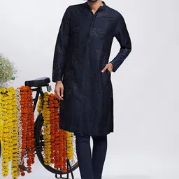 KISAH Geometric Embroidered Sequined Indigo Straight Kurta with Trousers-picture-14