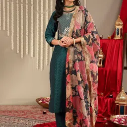 Varanga Ethnic Motifs Yoke Design Thread Work Kurta & Trousers With Dupatta-10