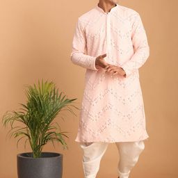 VASTRAMAY Chevron Embroidered Mirror Work Kurta with Dhoti Pants-image-81