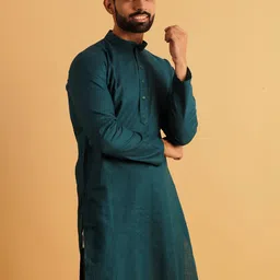 Lightpole Men Green Geometric Cold-Shoulder Sleeves Thread Work Kurta-image-6