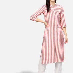 Jompers Women Red & White Striped Pure Cotton Kurta-image-8