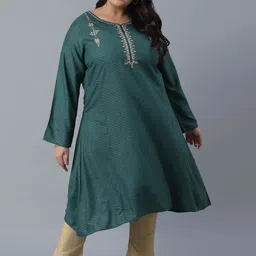 W Women Green Embroidered Keyhole Neck Flared Sleeves Thread Work Kurta-image-89