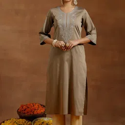 Gerua By Libas Floral Yoke Design Flared Sleeves Thread Work Silk A-Line Kurta-picture-30