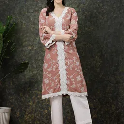plusS Pink Ethnic Motifs Printed Lace Detail Cotton Straight Kurta-image-55