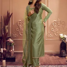 Inddus Ethnic Motifs Embroidered Round Neck Long Sleeve Zari Kurta Set With Dupatta-38