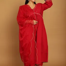 Rajnandini Floral Embroidered V-Neck Thread Work Pure Cotton Kurta with Trousers & Dupatta-55