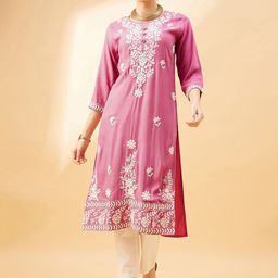 all about you Pink Ethnic Motifs Embroidered Round Neck Thread Work Straight Kurta-picture-23