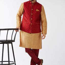 VASTRAMAY Mandarin Collar Zari Kurta with Churidar & Nehru Jacket-picture-26