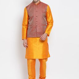 VASTRAMAY Mandarin Collar Regular Kurta With Churidar & Nehru Jacket-picture-1