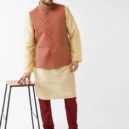 VASTRAMAY Mandarin Collar Kurta with Churidar & Woven Design Nehru Jacket-image-70