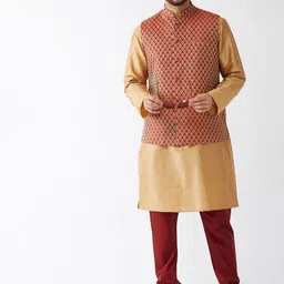 VASTRAMAY Mandarin Collar Regular Kurta With Churidar & Nehru Jacket-picture-3