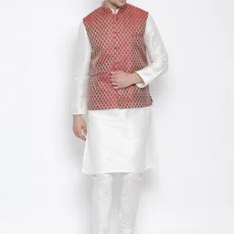 VASTRAMAY Mandarin Collar Regular Kurta With Churidar & Nehru Jacket-picture-4