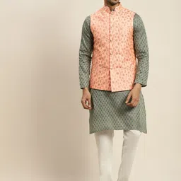 SOJANYA Men Teal Green & Off-White Woven Design Kurta with Churidar & Nehru Jacket-picture-19