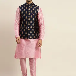 SOJANYA Men Pink & Navy Blue Solid Kurta with Churidar & Woven Design Nehru Jacket-12