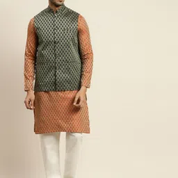SOJANYA Men Orange Ethnic Motifs Kurta with Pyjamas & Nehru Jacket-10