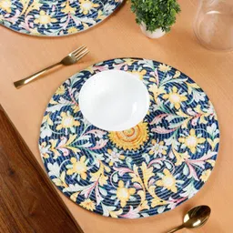 SOKNACK 2-Pcs Blue & Yellow  Cotton Printed Round Table Placemats-7
