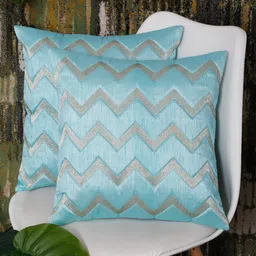 SOKNACK Blue & Gold-Toned Set of 2 Geometric Velvet Square Cushion Covers-29