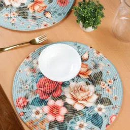 SOKNACK 4-Pcs Blue & Green Floral Printed Round Table Placemats-2