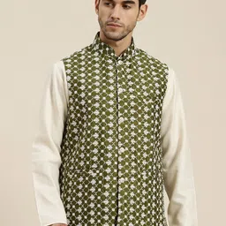 SOJANYA Men Olive Green & White Woven Design Nehru Jacket-39