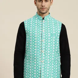 SOJANYA Men Blue & White Woven Design Nehru Jacket-26