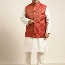 SOJANYA PLUS Men Plus Size Off White Solid Kurta & Churidar Comes With a Nehru Jacket-13