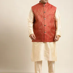 SOJANYA PLUS Men Plus Size Beige Solid Kurta & Churidar Comes With a Nehru Jacket-0