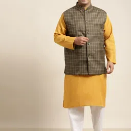 SOJANYA PLUS Men Plus Size Mustard Yellow Solid Kurta & Churidar Comes With a Nehru Jacket-1