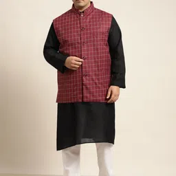 SOJANYA PLUS Men Plus Size Black Solid Kurta & Churidar Comes With a Nehru Jacket-image-92