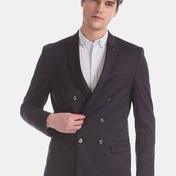 Arrow Men Navy Blue & Maroon Striped Slim-Fit Double-Breasted Zero Calorie Casual Blazer-picture-28