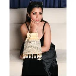 Odette Cream Beads and Mirror Work Potli Bag-picture-36