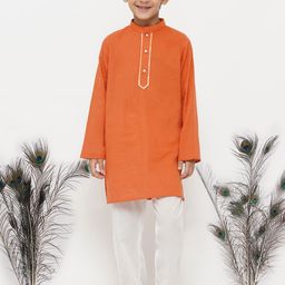 Little Bansi Boys Orange & White Pure Cotton Kurta with Pyjama-image-74