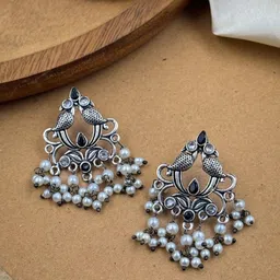 NAMAN ARTS Silver-Plated Artificial Stones and Beads Oxidised Contemporary Drop Earrings-13