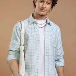 HIGHLANDER Men Dobby Textured Checked Slim Fit Casual Shirt-image-81