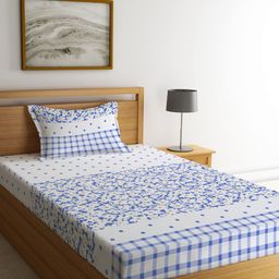 Myntra Elegant Homes White & Blue Floral Printed 300 TC Single Bedsheet Set-image-98
